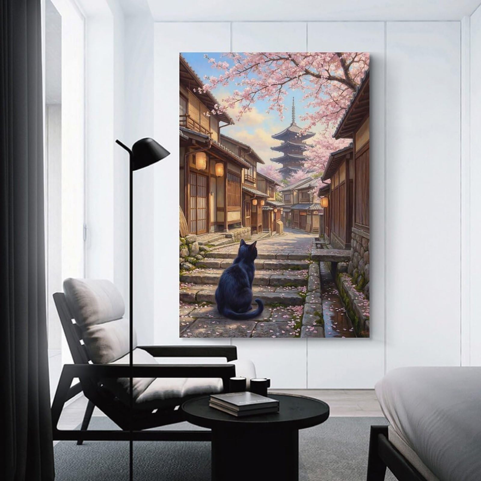 Junmoney Black Cat Kyoto Cherry Blossom Decorative Wall Artwork, 12x18inch(30x45cm), for Hallway, Lounge Or Guest Room, Decorative Present for New Homes
