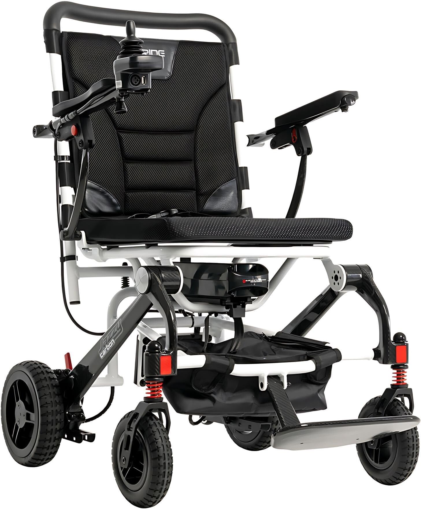 Pride Mobility Jazzy Carbon Power Chair - Electric Wheelchair for Adults, 300 Lbs Weight Capacity, 12 Ah Battery, White, 17"x17" Black Foam Seat