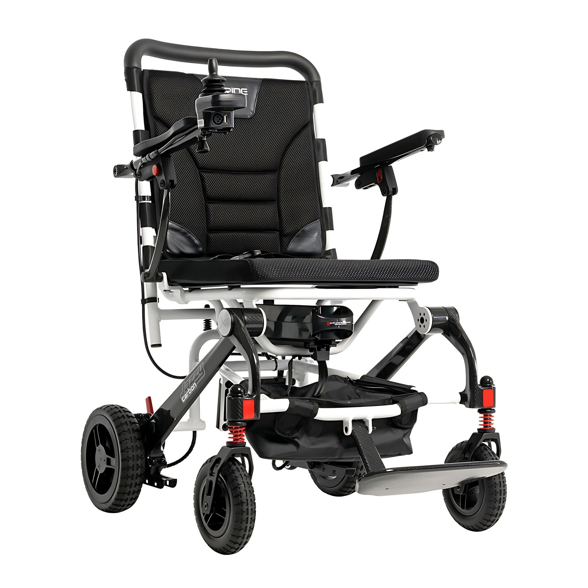 Pride Mobility Jazzy Carbon Power Chair - Electric Wheelchair for Adults, 300 Lbs Weight Capacity, 12 Ah Battery, White, 17"x17" Black Foam Seat