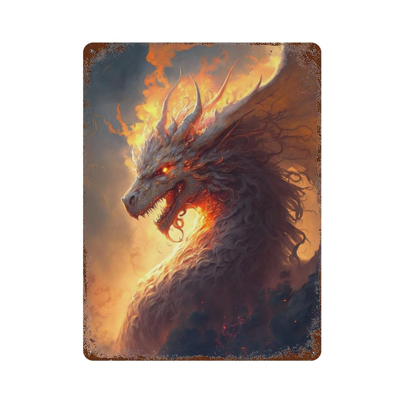 Fiery Dragon Artwork -4 Weathered Tin Sign 15.7"x11.8", Farmhouse Wall Decor for Garage, Pub Or Kitchen