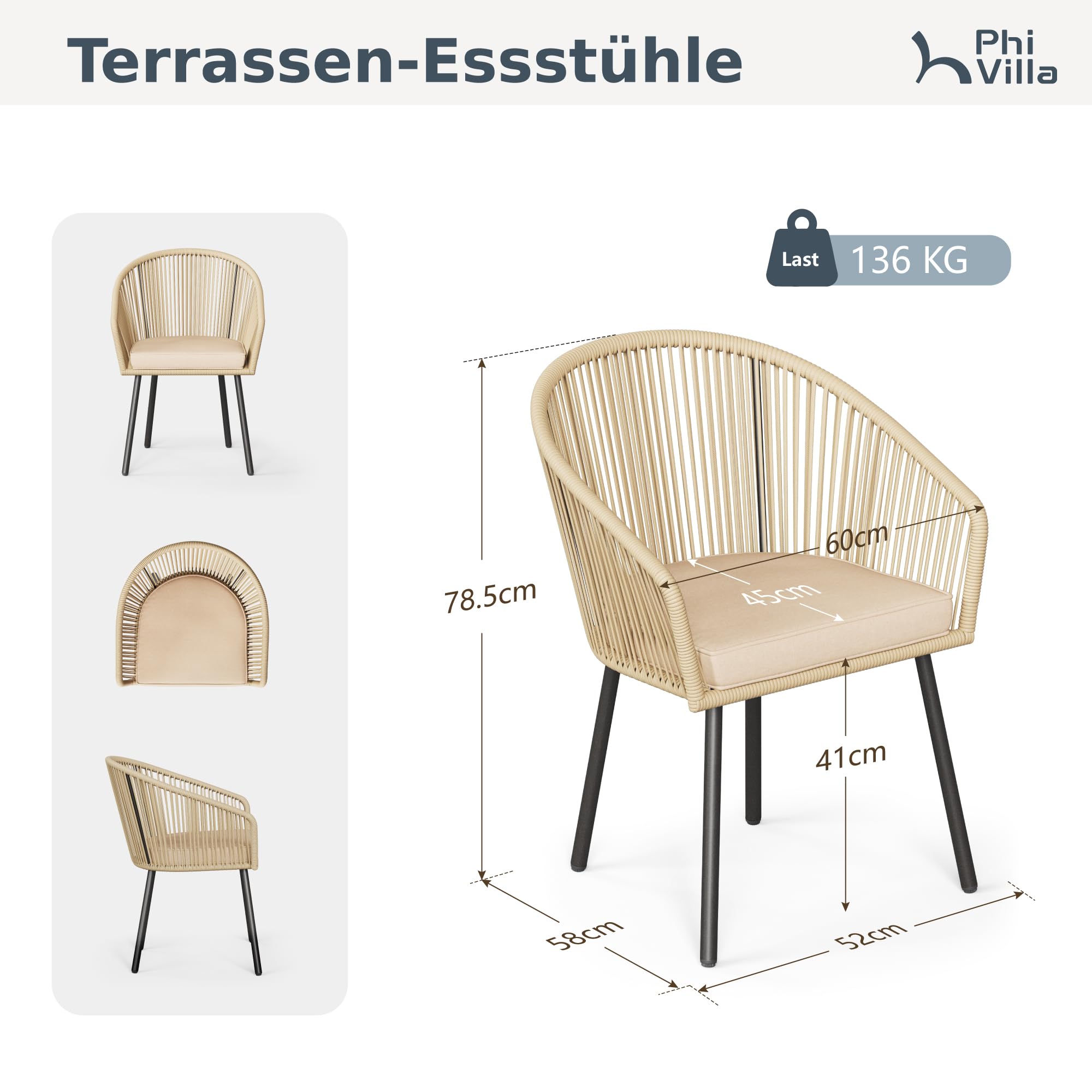 PHI VILLA Gartenstühle 4er Set, Rattansessel Gartensessel Balkonstuhl Outdoor Sessel Loungesessel, Wetterfest Terrassenstühle mit Kissen & E-Beschichtung Metall für Hinterhof Balkon Terrasse, Beige