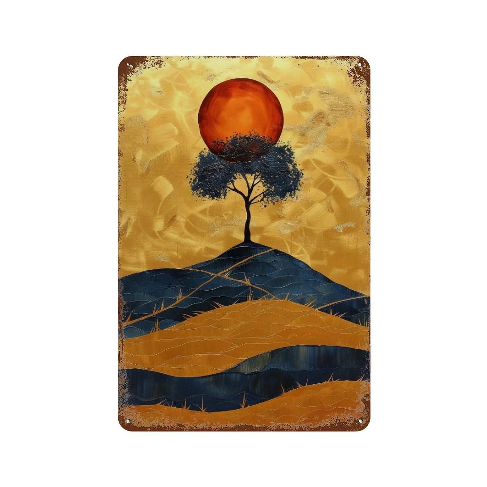 WUJHGRSG Gilded Impasto Minimal Lone Tree Red Sun Rolling Hills 02 Wall Art Retro Iron Vintage Metal Tin Sign Poster Modern Decor for Home Cofffee Club Bar Shop Style 30x20cm