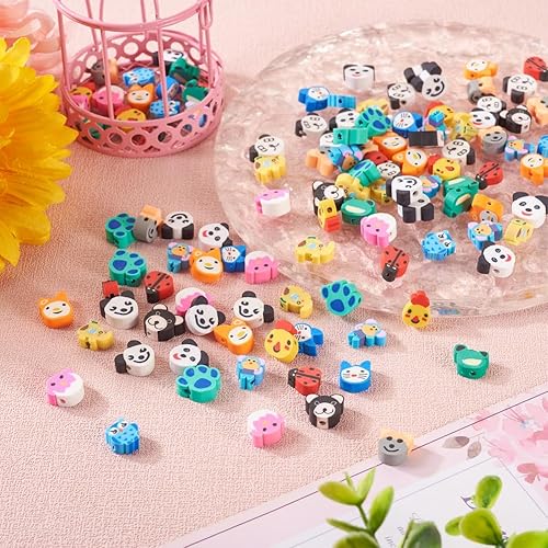 Miniatura 6 de 150 cuentas de arcilla polimérica con temática de animales, perro, gato, panda, rana, elefante, mono, cuentas de arcilla polimérica, búho, pollo,