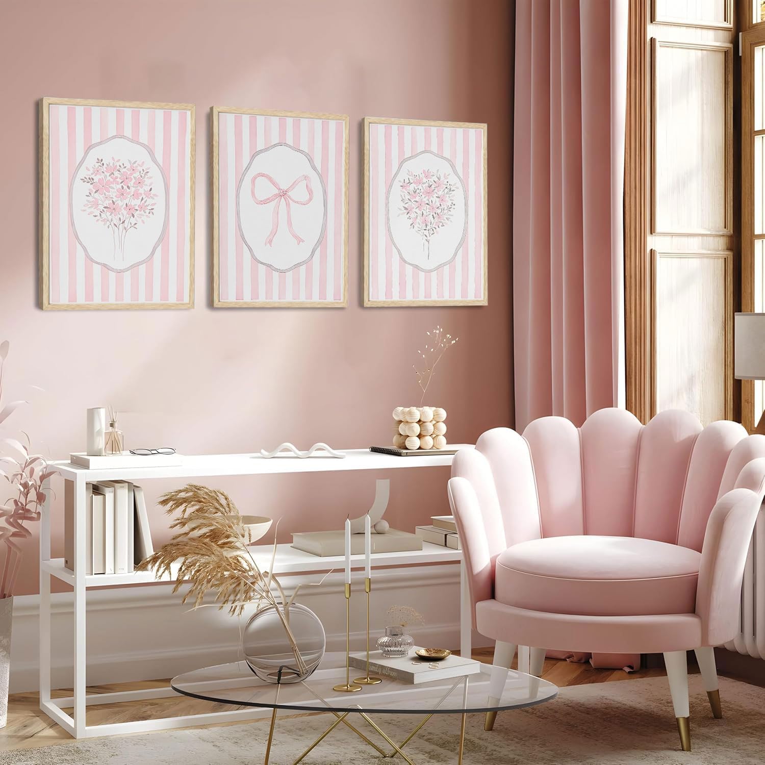 SongZest 3 Piece OAK Framed Wall Art Pink Floral Canvas Art Pink Striped Flower Prints Coquette Bow Pictures Wall Decor Minimalist Botanical Aesthetic Paintings Artwork for Bedroom Bathroom Living Room 16x20in
