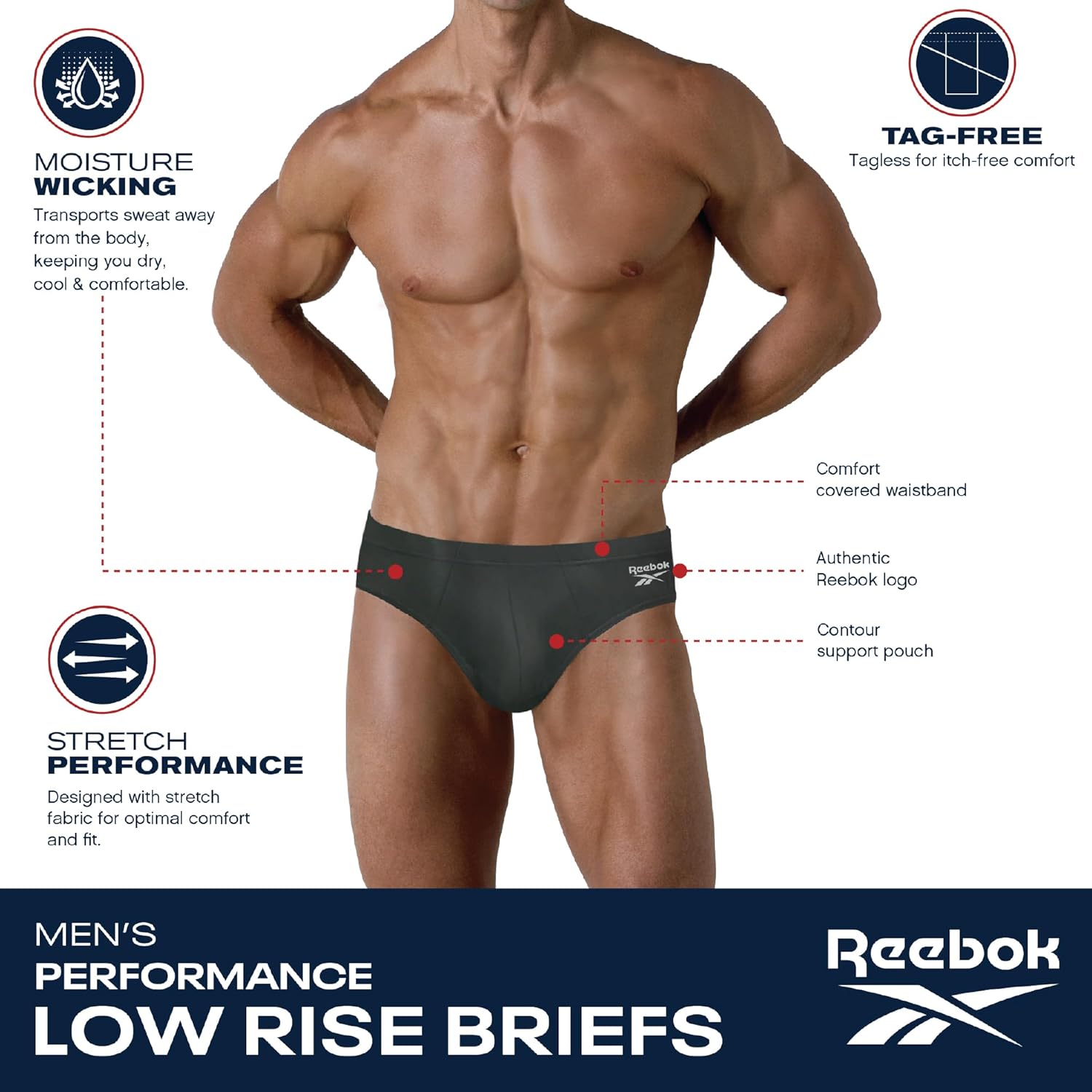 Reebok Mens Low Rise Briefs - 5 Pack Athletic Performance Mens Underwear Briefs with Contour Support Pouch for Gym Daily Wear - Image 2