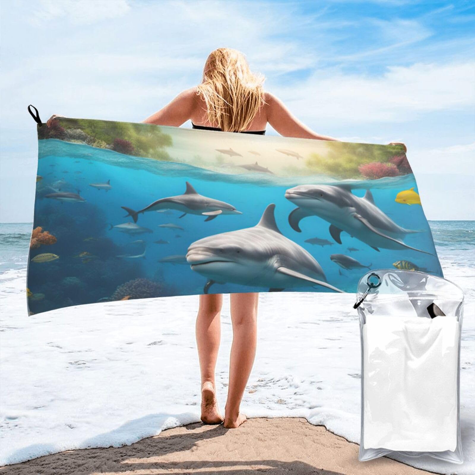 AYYQWE Dolphins Sea Turtle Shark Octopus Coral Print Lightweight Towel For Men Women Travel Beach Camping Hiking Yoga Swimming Sports