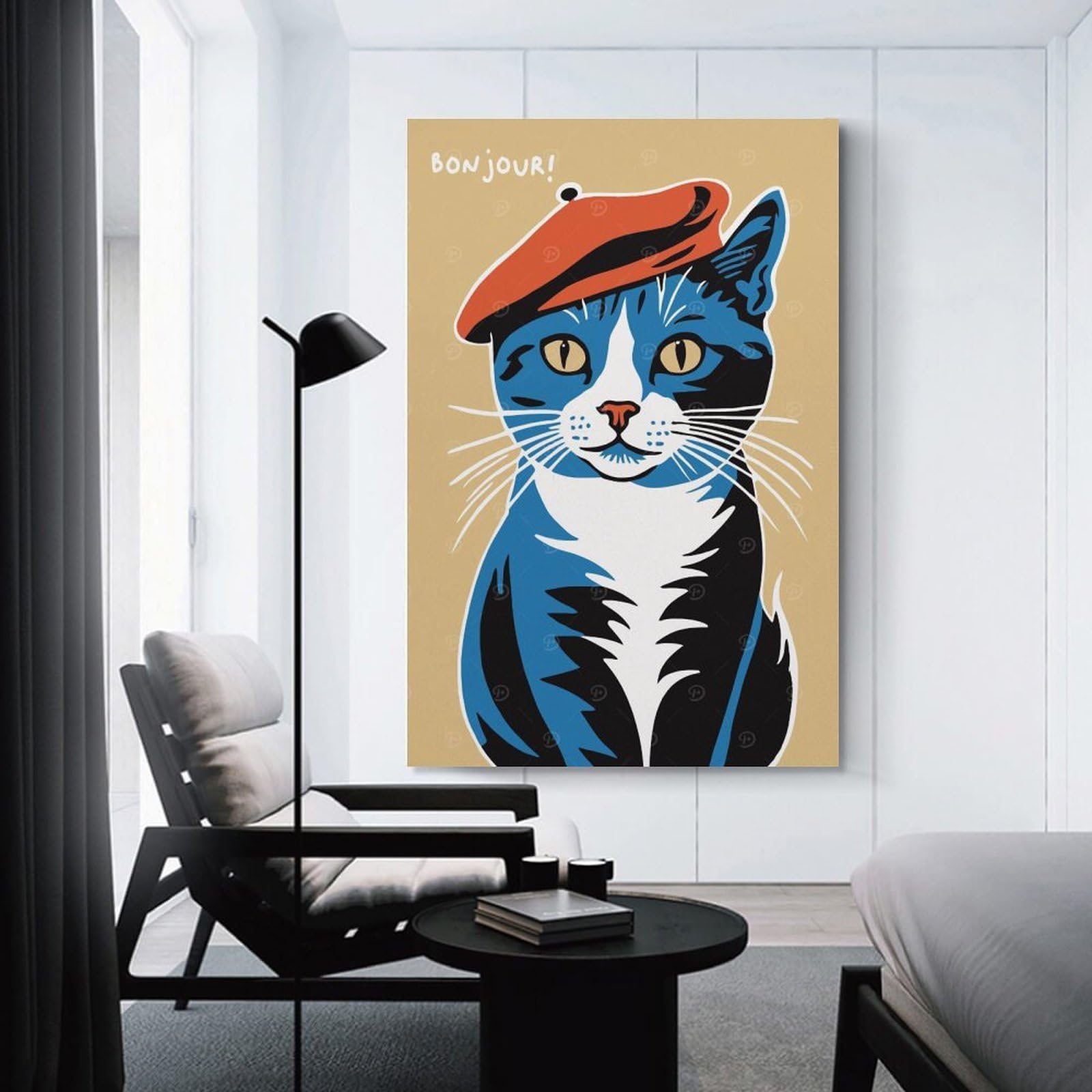Junmoney Bonjour Cat in Beret Home Decor Wall Art, 24x36inch(60x90cm), for Living Room, Bedroom Or Apartment Walls, Canvas Styling for A Polished Room Look