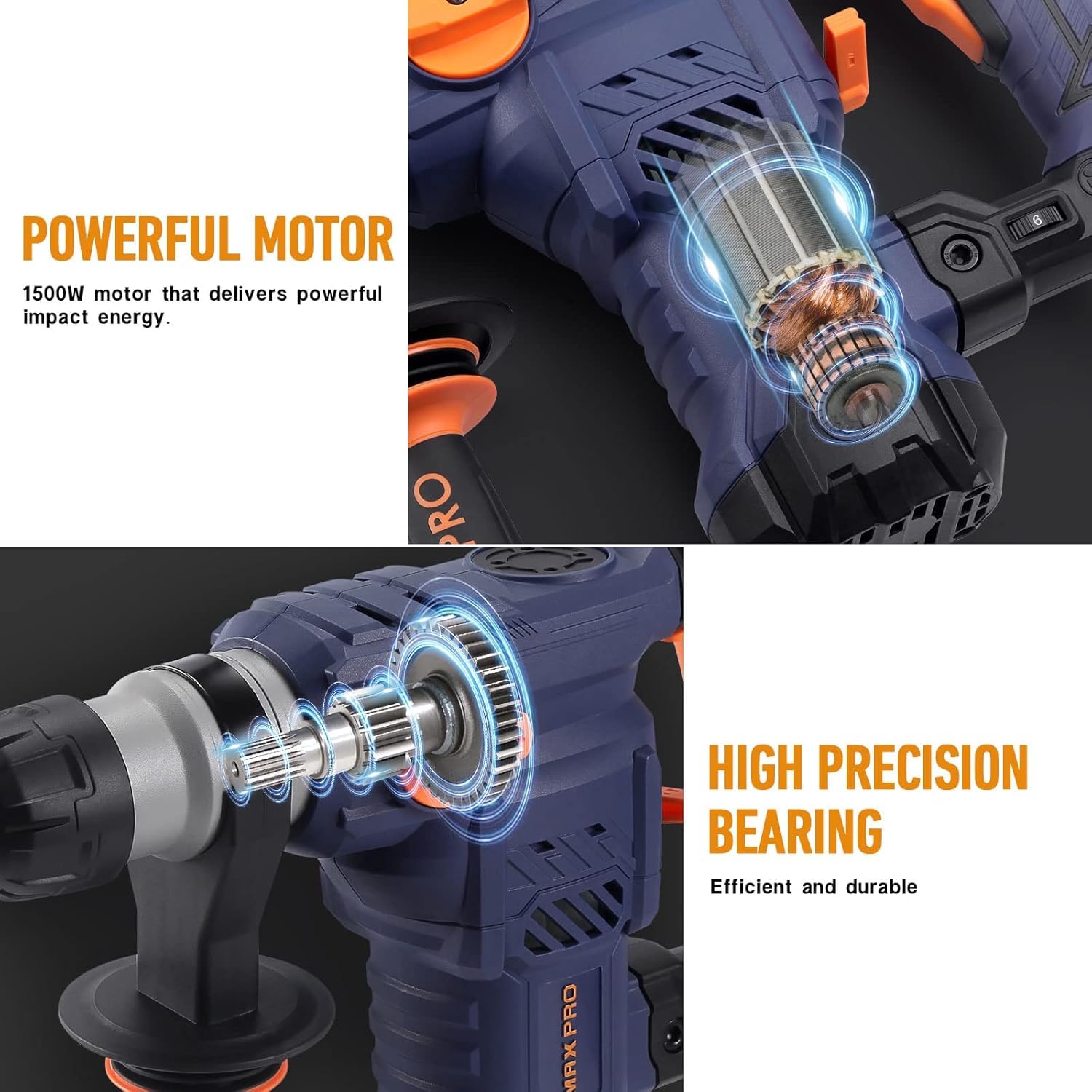 Powerplus Elektrische klopboormachine POWX1199-4 in 1: boren hamerboren beitelen en beitelrotatie, 1500 W boormachine, 5 J, 6 snelheidsfuncties, SDS -plus, 17 accessoires