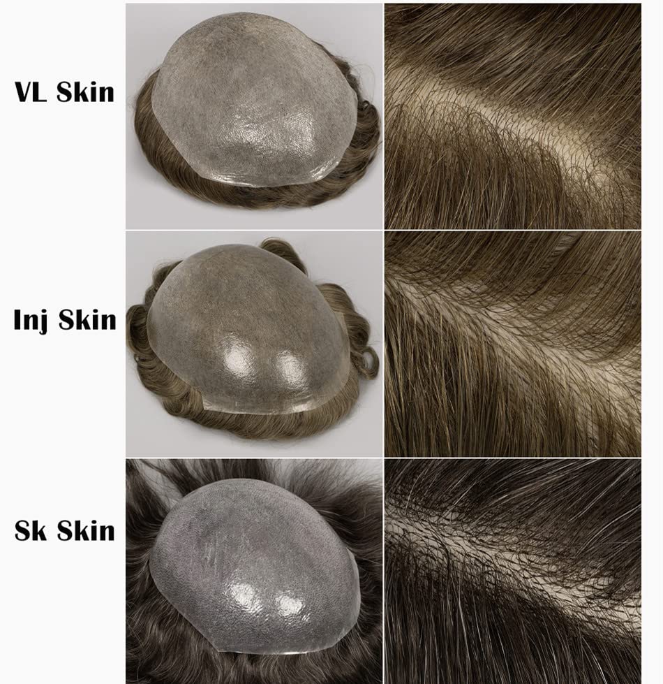 Miniatura 6 de Amiable Toupee para hombres, postizos de cabello humano para hombre, sistema de reemplazo de cabello humano, un nudo, 0.002 in, piel fina, color