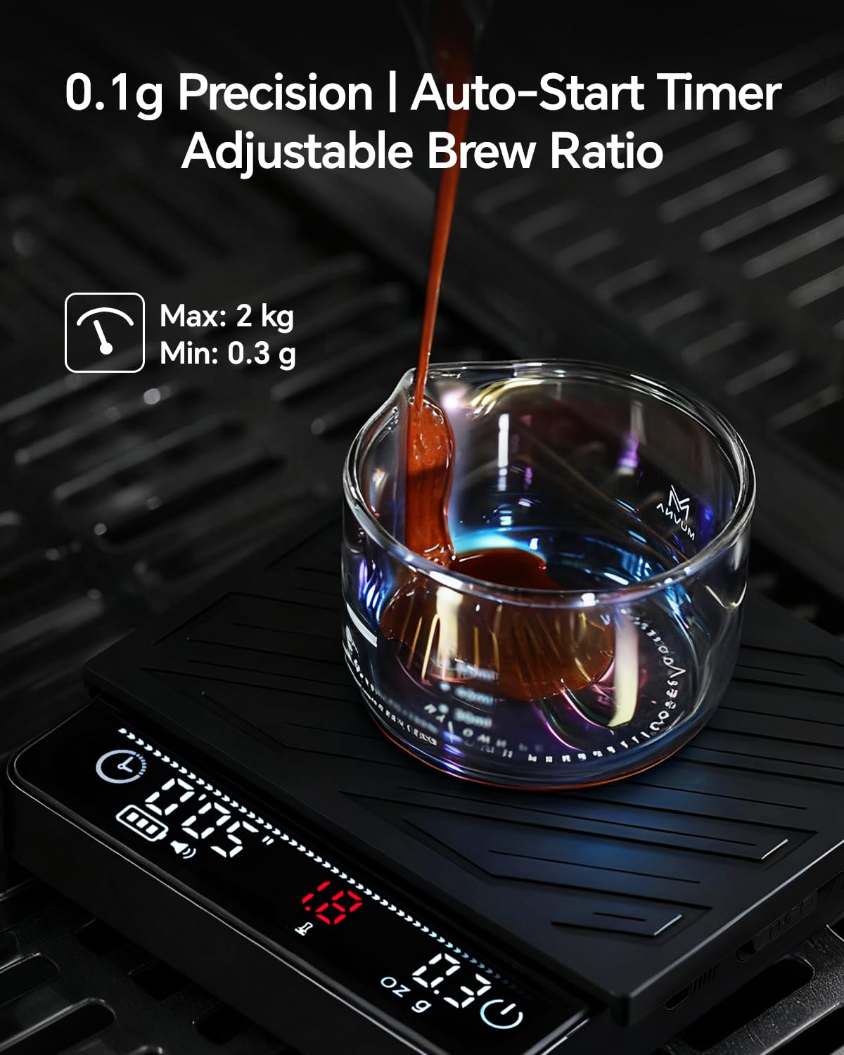 Bilancia per caffè espresso con timer e portata – MUVNA 2 kg/0,1 g, ricaricabile di precisione, per versare sopra, peso chicchi di caffè, mini display LED portatile, 4 modalità intelligenti