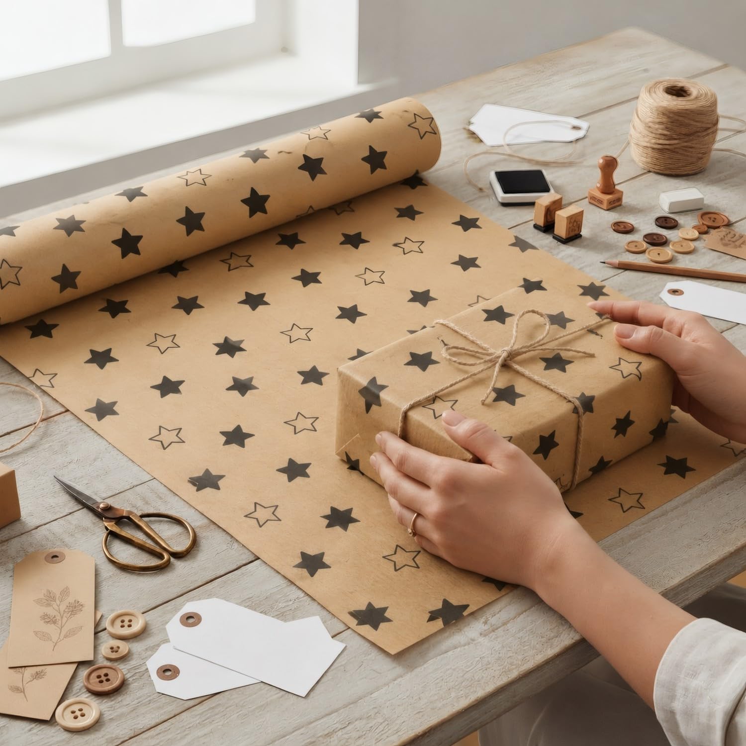 Rotolo di carta regalo Kraft, stelle nere, 31 cm x 80 m, bobina grande resistente, per regali di compleanno, eventi, negozi FP Fiesta Paper