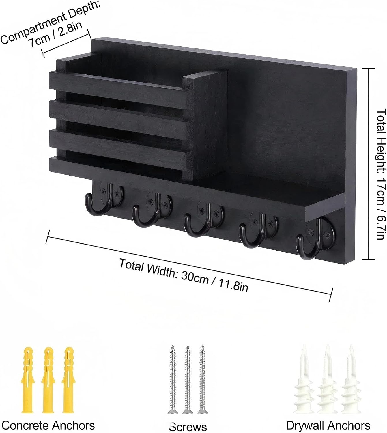Wall Key Hook, Mail Organizer with 5 Metal Key Hooks, Decorative Key Rack Wall Mount, Tung Wood, 11.8 x 6.7 inches, Includes mounting Hardware (Black)
