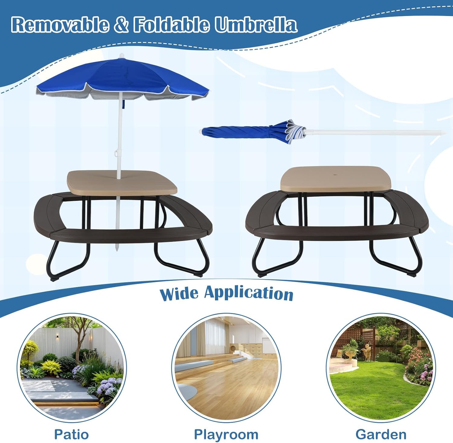 GLACER 8 Person Kids Picnic Table, Metal Frame Toddler Activity Table with Adjustable & Removable Umbrella, 4 Built-in Benches, HDPE Kids Outdoor Table for Backyard, Patio, Garden (Brown)