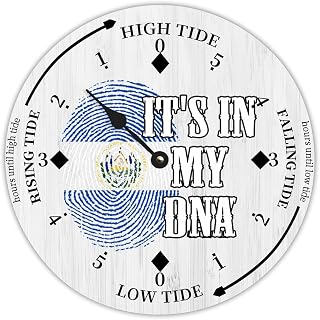 El Salvador It's in My DNA Flag Wood Tidal Clock Ocean Time Maritime Coastal Beach High Tide Low Tide Clock Rustic Wooden Nautical Tide Movement Vintage Decor for Beach House Kitchen Wall Art 12"