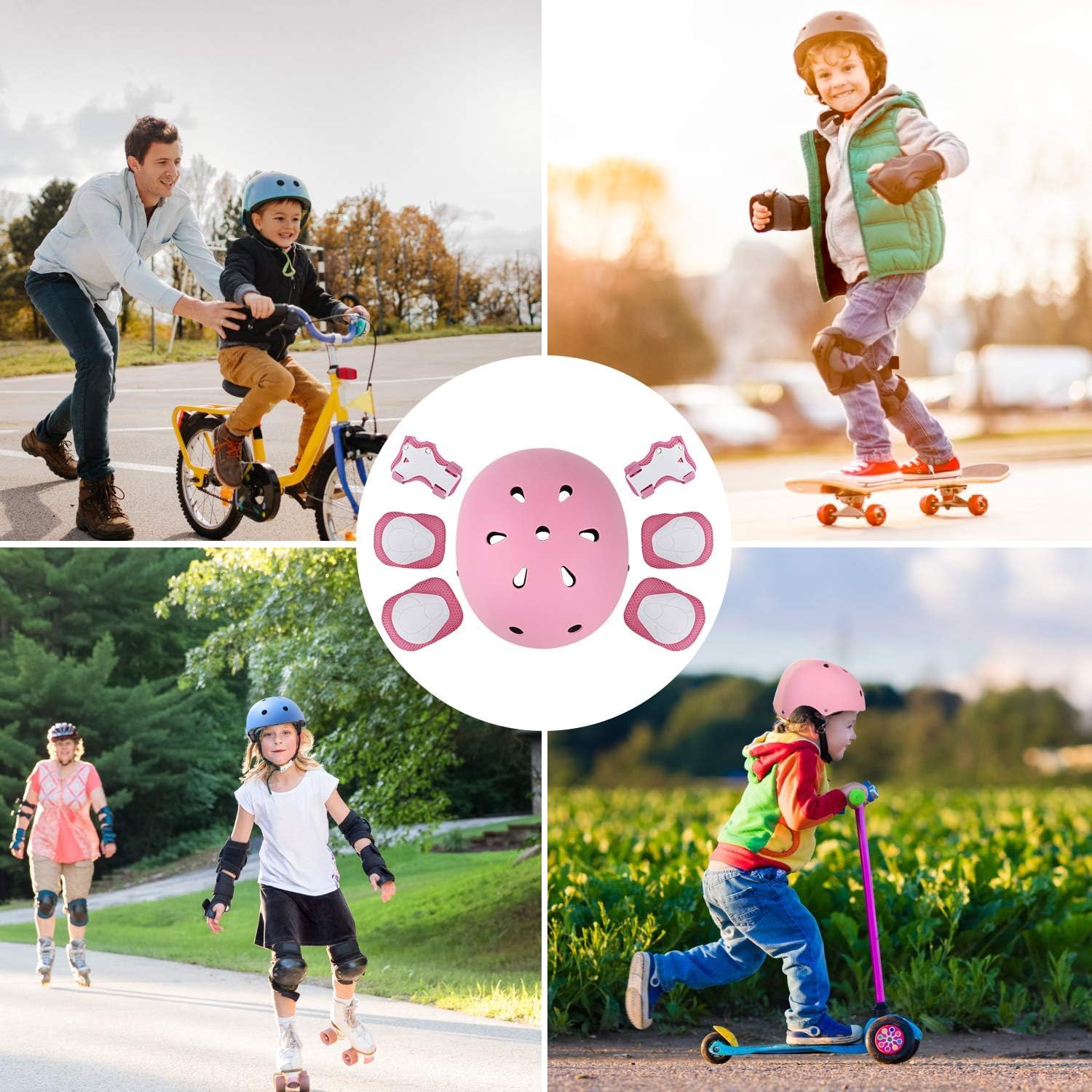 WayEee Kids Bike Helmet Set Skateboard Knee Pads, Helmet Pad Set Protective Gear Set Adjustable for Girls Kids 3-14 Helmet Elbow Pads Wrist Guards for Sport Cycling Bike Roller Skating Scooter