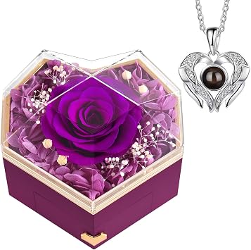 GOICC Preserved Rose with Necklace Gifts Box for Her   Forever Purple Rose Birthday Gifts for Mum, Wife, Girlfriend, Nana, Romantic Gift Eternal Flower Anniversary Present for Women