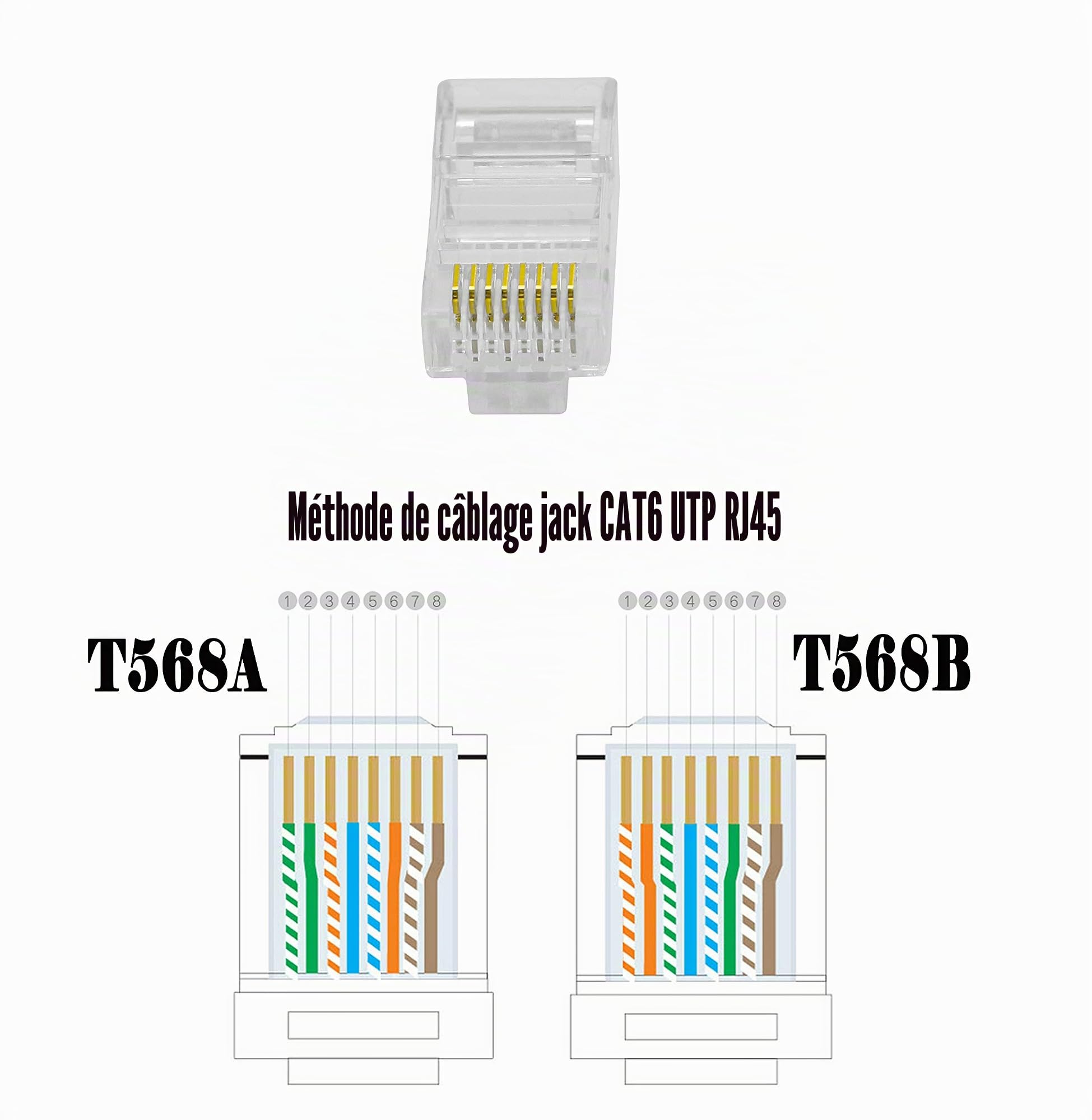 Lot de 100 fiches modulaires RJ45 CAT6 à sertir 8P8C - Connecteurs RJ45 22-26 AWG pour câble torsadé CAT5, CAT5E, CAT6 UTP
