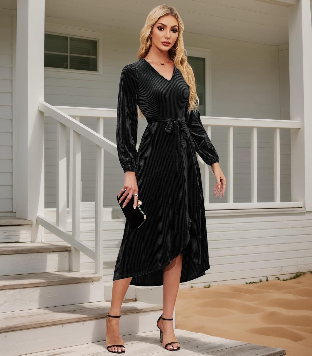 Women's Velvet V Neck Puff Sleeve Dress for Wedding Guest Cocktail Elegant Bodycon Party Midi Dress - Image 7