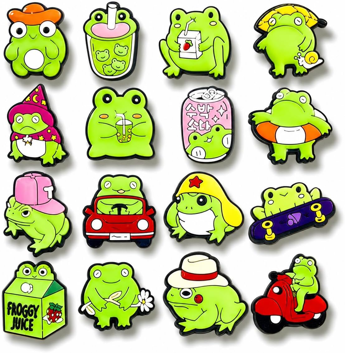 16PCS Cute Frog Shoe Charms Set, Kawaii Green Frog Shoe Decoration Charms with Fun Animal, Drink, Scooter, Skateboard and Nature Designs for Clog Sandals, Backpacks, Wristbands and DIY Accessories
