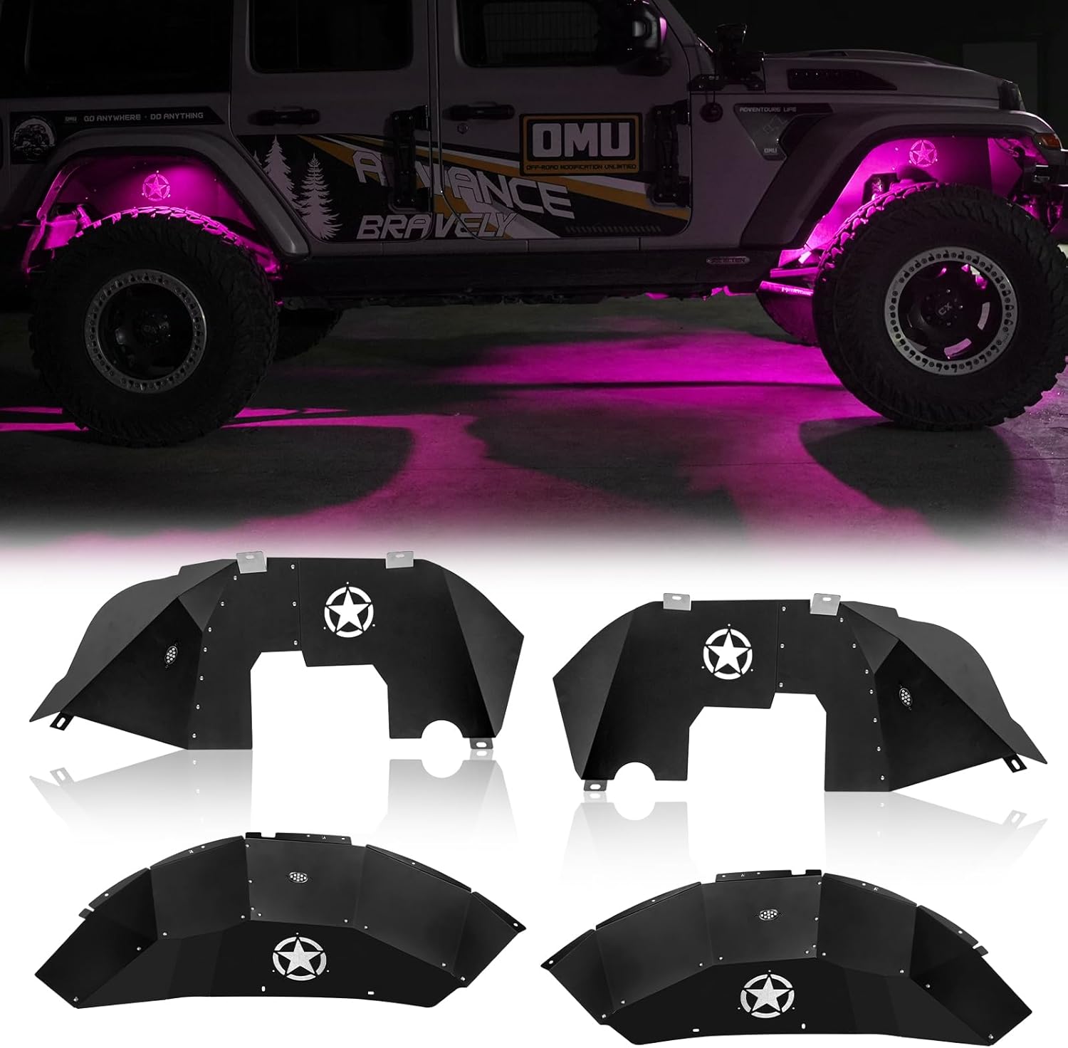 Front and Rear Inner Fender Liners Kit with LED Neon Light for 2018-2024 Jeep Wrangler JL JLU 2/4 Doors Five Star Logo