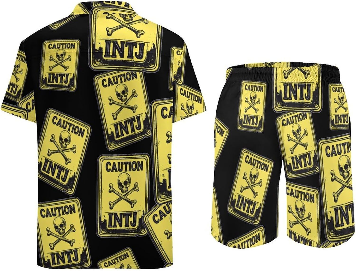 Caution INTJ Warning Sign Men's Summer Beach 2 Piece Outfits | hawaiian button down shirt and shorts,vacation cruise,mens bathing suit