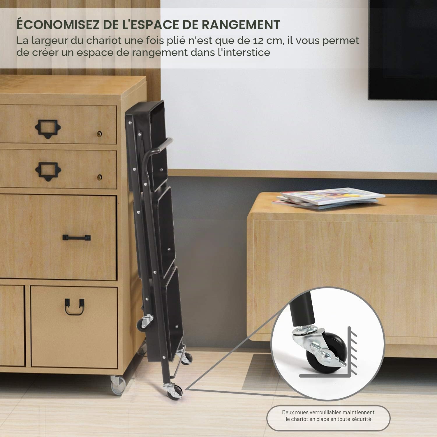 Dripex Desserte à roulettes Pliante à 3 Paniers de Rangement - Noir