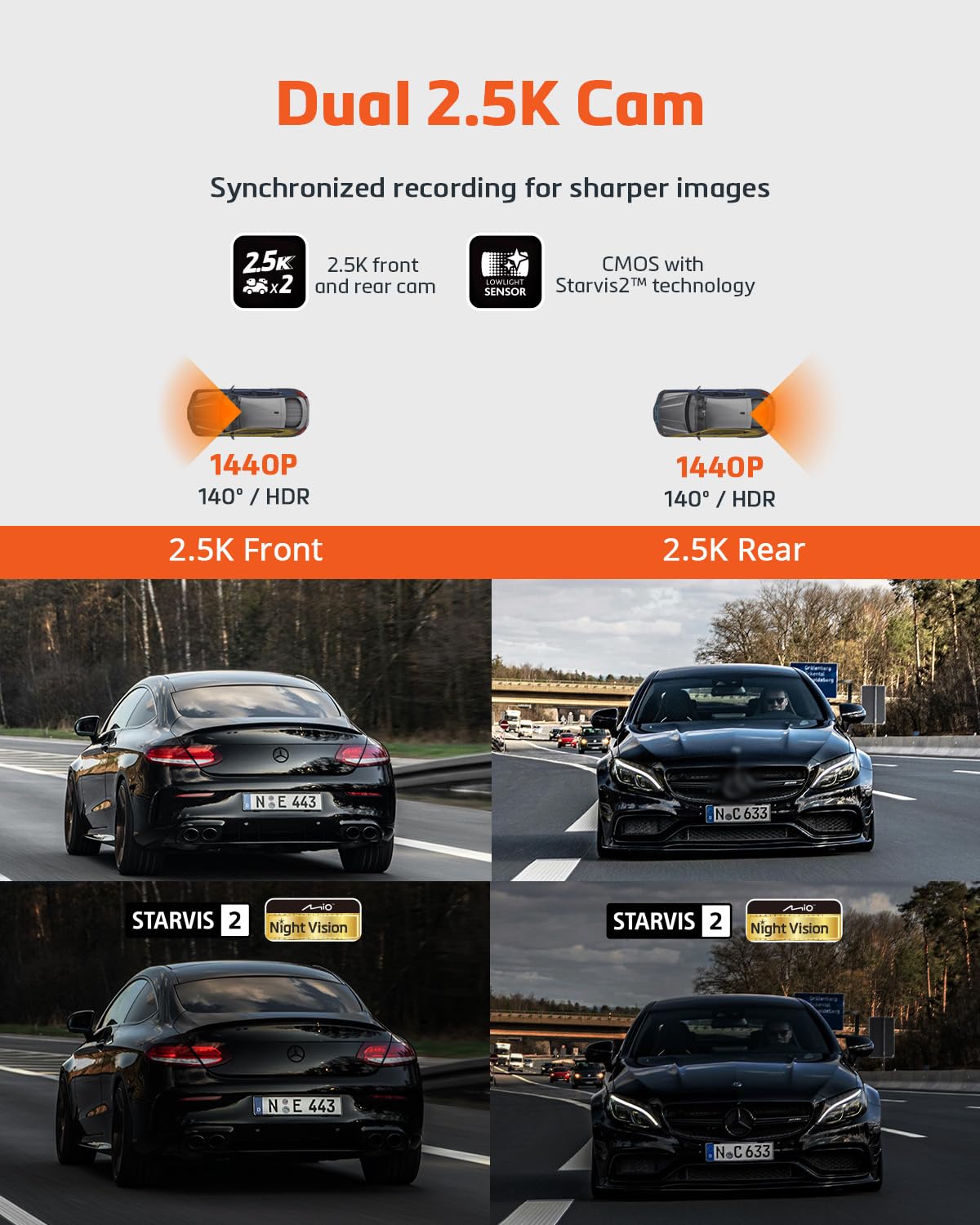 Mio MiVue R860WD Dual Dashcam Auto mit 2.5K HDR-Aufnahmen & STARVIS2 CMOS Sensor für scharfe Bilder Tag & Nacht I Echtzeit-Backup des Dash Cam Spiegels Dank Highspeed WLAN I GPS Auto Kamera