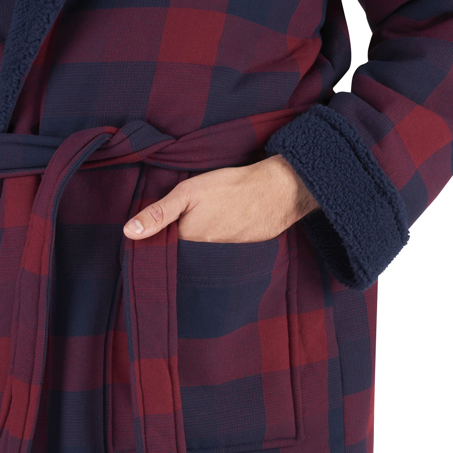 John Christian Robe de Chambre en Polaire et Coton à Carreaux Bleu et Rouge, Chaud - Homme