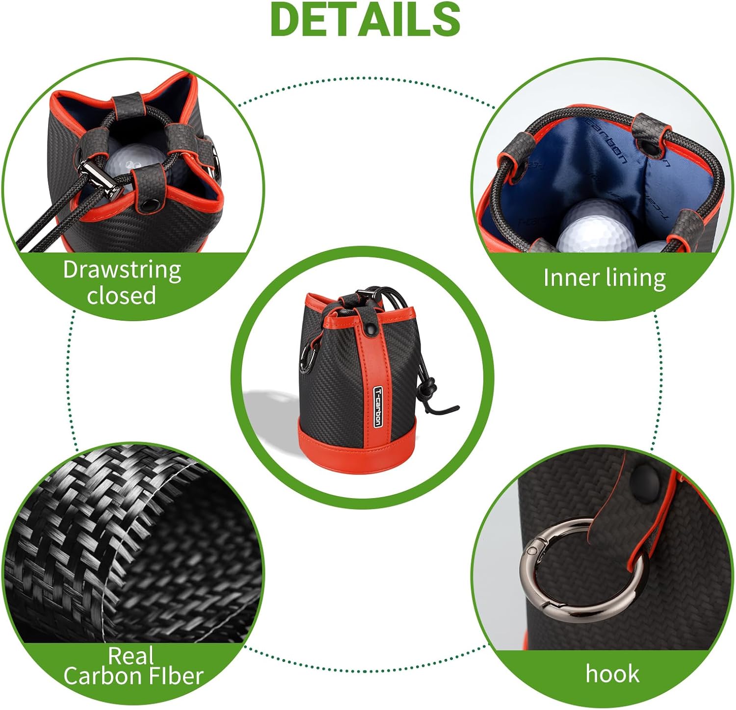 T-carbon Travel Gear Professional Valuables Golf Pouch;Bucket Waist Design Bag with Drawstrings;Carbon Fiber and Leather Golf Tee Bag for Glofers Men Women Very Practical Orange
