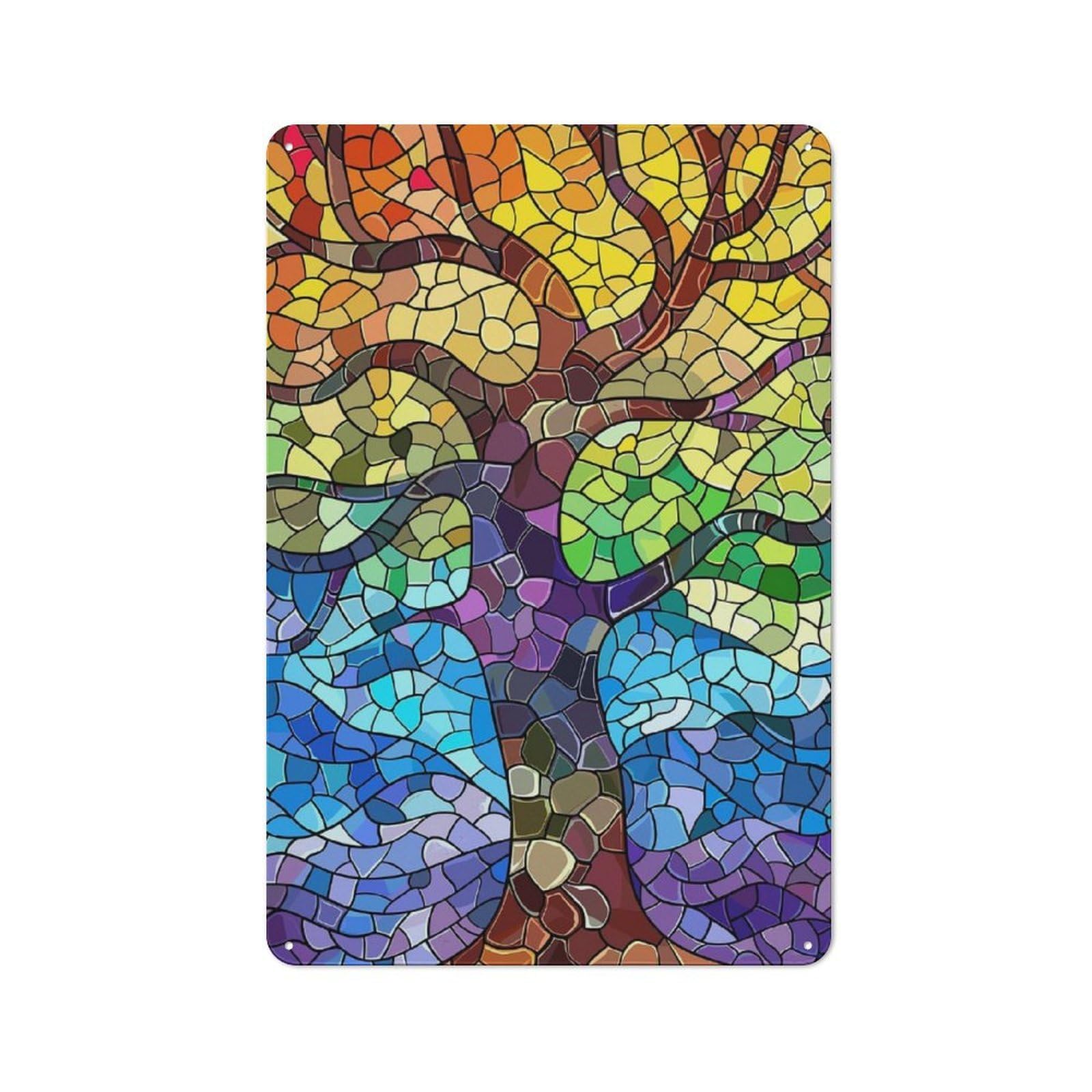 Junmoney Style-3 Retro Stained Glass Tree Of Life Vintage Metal Sign 30X20cm, Room Wall Plaque For Flat, Dorm Room, Lounge Or Cafe
