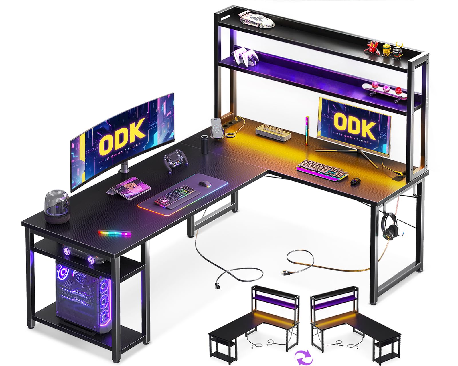 ODK Scrivania Gaming con LED, 168×120 cm Scrivania con Ripiano Reversibile, Scrivania ad L con Prese e Porte USB, Scrivania Gaming Nero con Scomparti e Spazio di Archiviazione