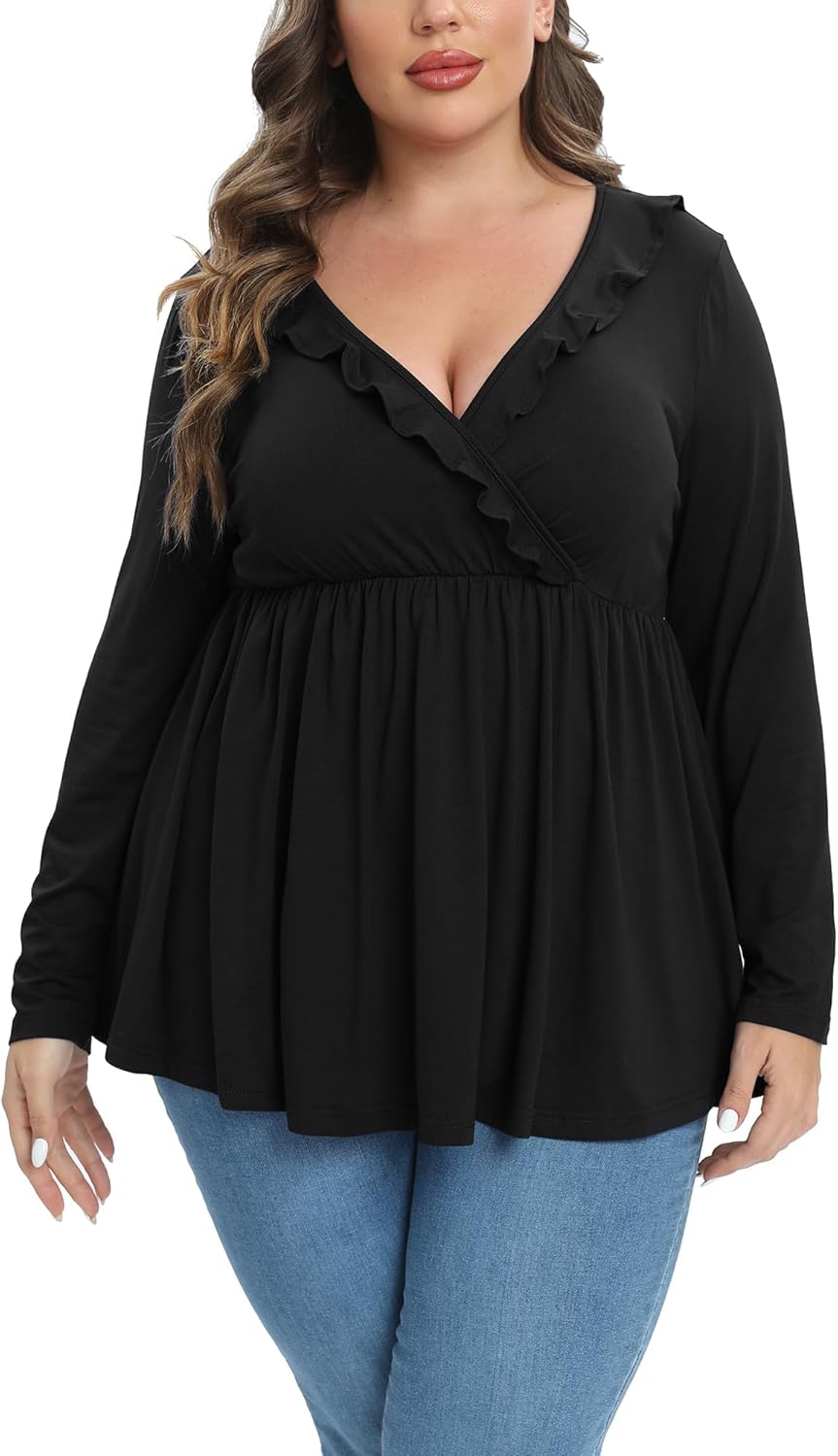 Purple Pocket Womens Plus Size Long Sleeve Fall Tops Ruffle Wrap V Neck Pleated Shirts Dressy Casual Loose Tunic Blouse