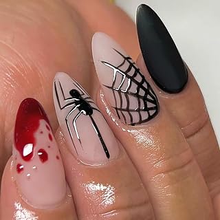 Halloween Press on Nails Medium Almond Fake Nails with Black Spider Web Designs Red Blood False Nail Glossy Stick on Nail for Women 24Pcs