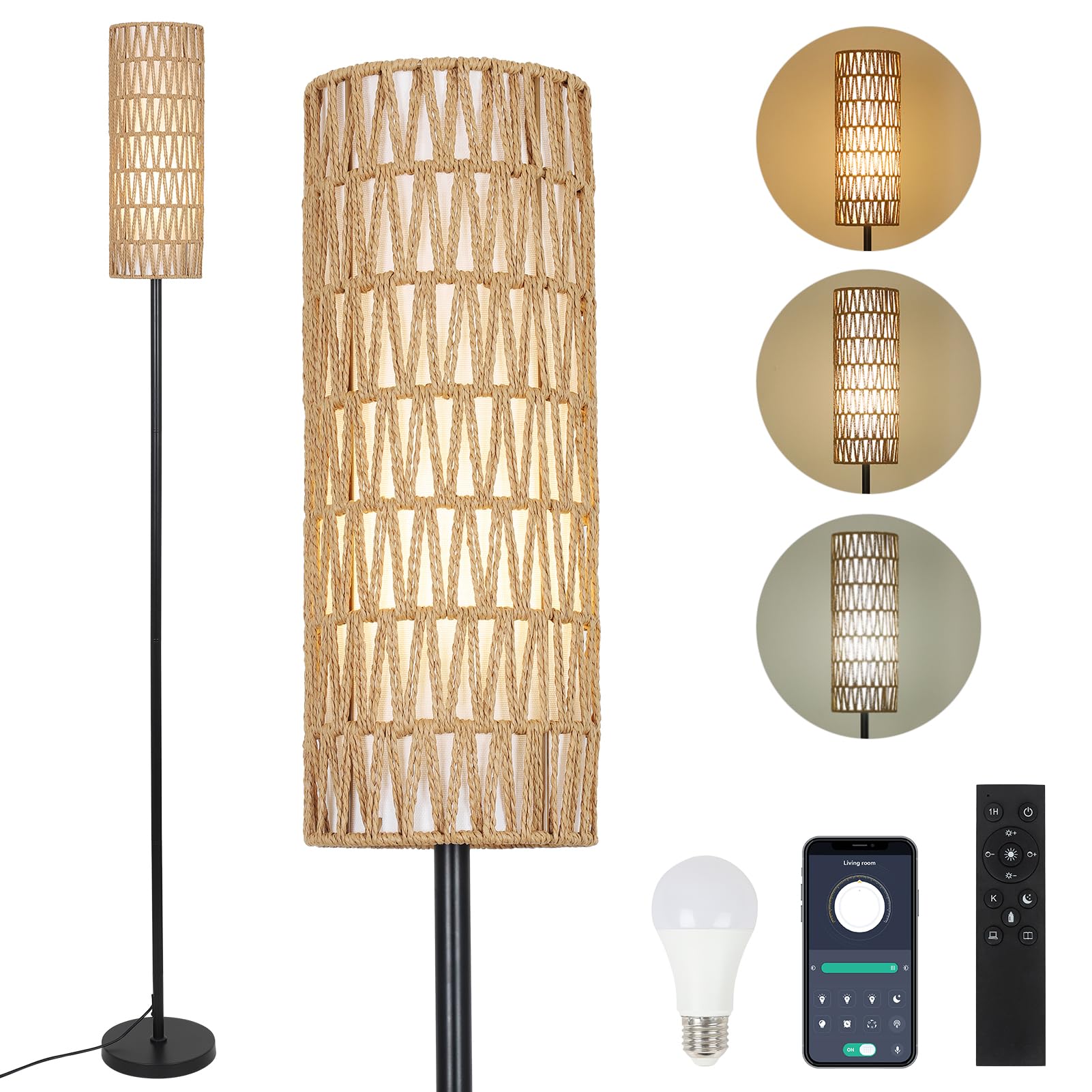 Rayofly Lámpara de Pie de Ratán para Salón, Lámpara de Pie Regulable con Mando a Distancia, Control por App, Lámpara de Pie Boho con Pantalla de Ratán y Lino, Lámpara de Pie Negra (Bombilla Incluida)