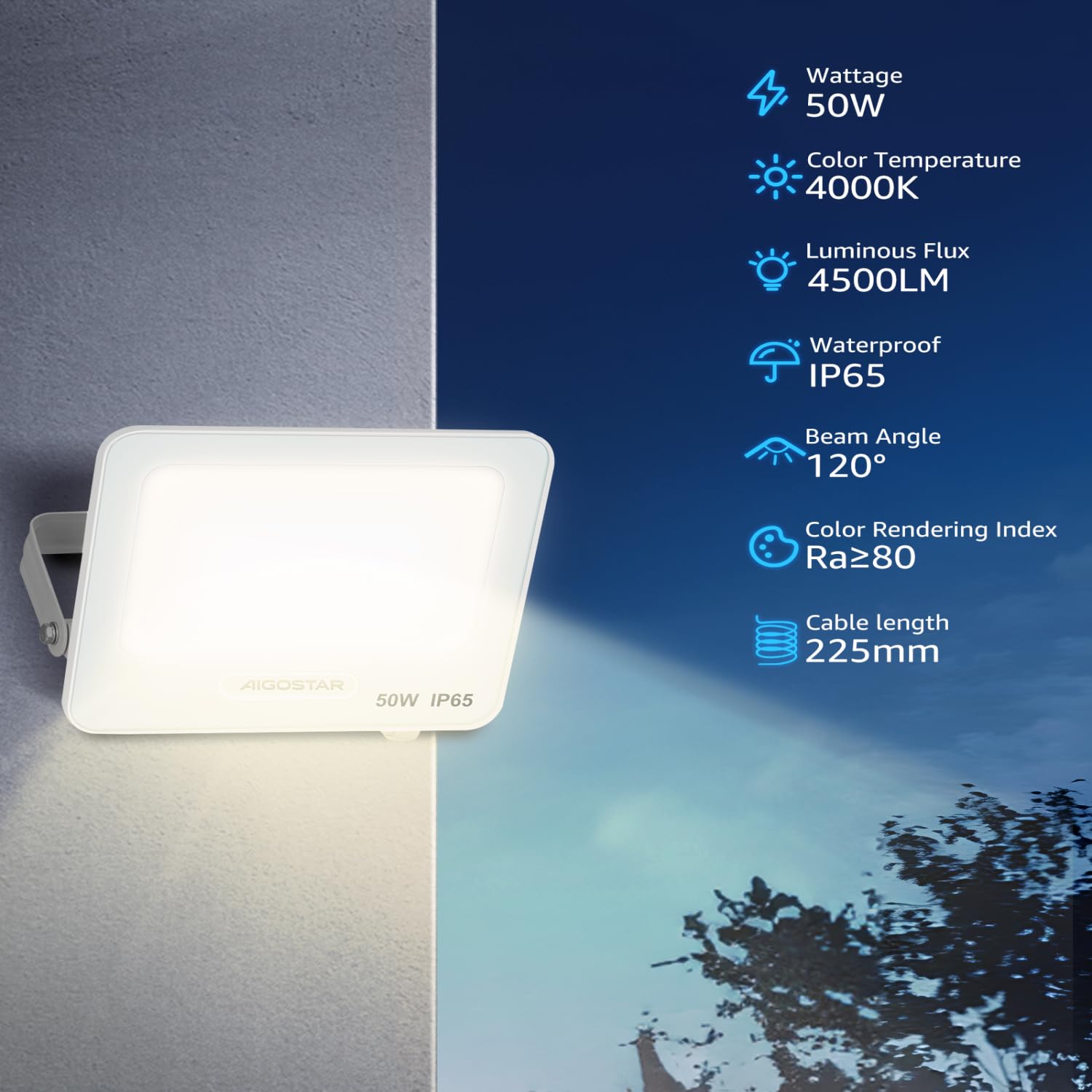 Aigostar Foco LED Exterior 50w, 4500LM Foco Proyector LED, IP65 Impermeable Luz de Seguridad, Natural 4000K Luces exterior, Para Jardín, Patio, Garaje, Paquete de 10