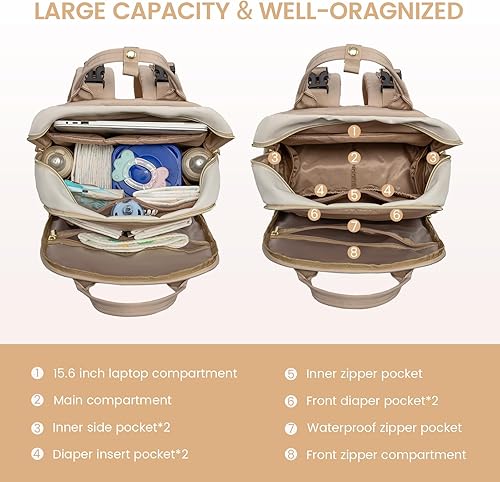 Miniatura 2 de LOVEVOOK mochila de pañales de gran capacidad, Beige-caqui, Moderno o minimalista