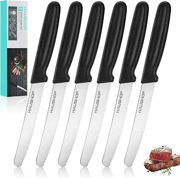 HAUSHOF Steak Knives Set of 6, Serrated Steak Knives, Premium Stainless Steel Steak Knife Set with Gift Box, Black Handle