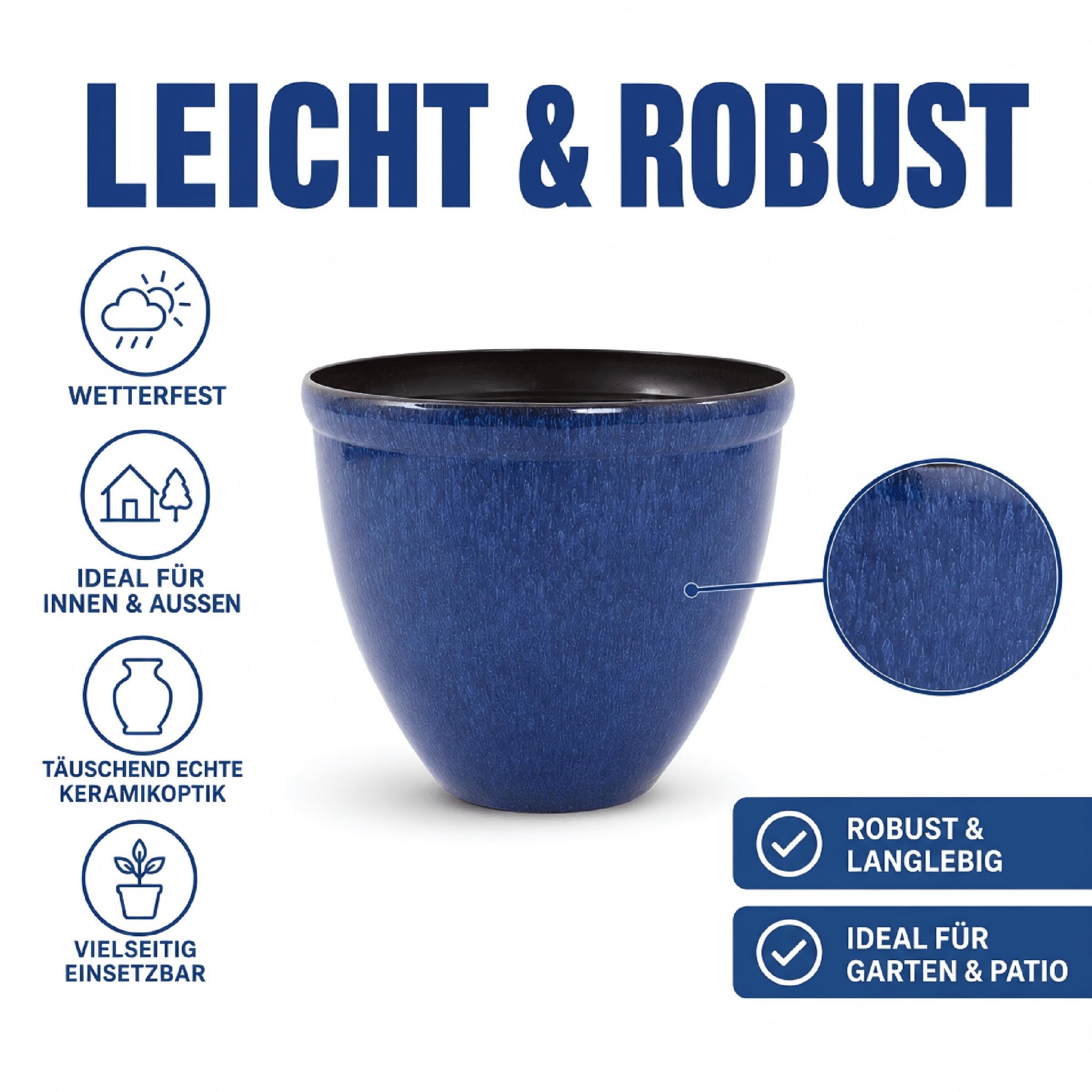 Doniczka do roślin z błyszczącego plastiku z efektem ceramicznym | Design Santorini | Jun glazura niebieski Ø 39,5cm x H 33,5cm