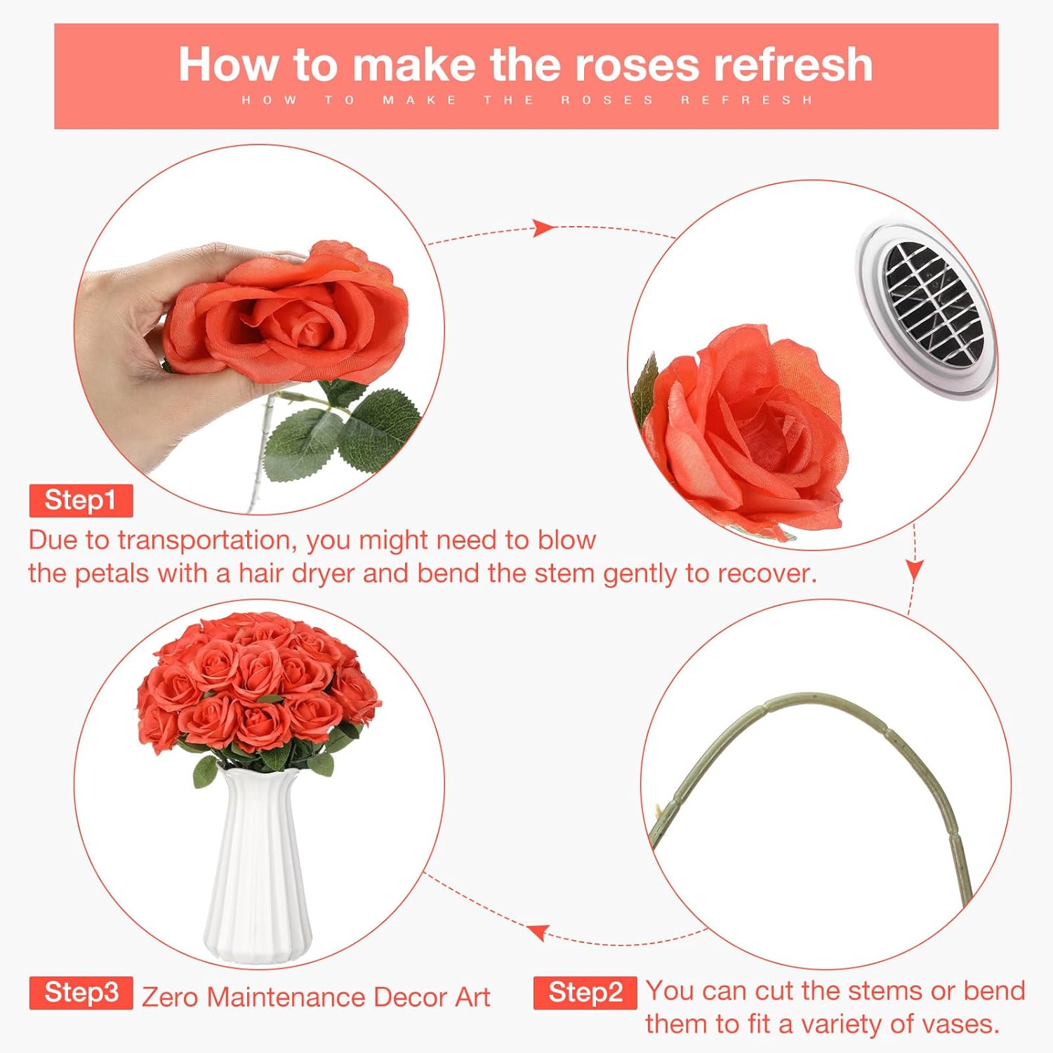 Jexine 60 PCS Artificial Roses Bulk Silk Flowers with Long Stems, Realistic Faux Rose Bouquet for Wedding Centerpieces, Valentine’s Party, Home Decor(Orange)