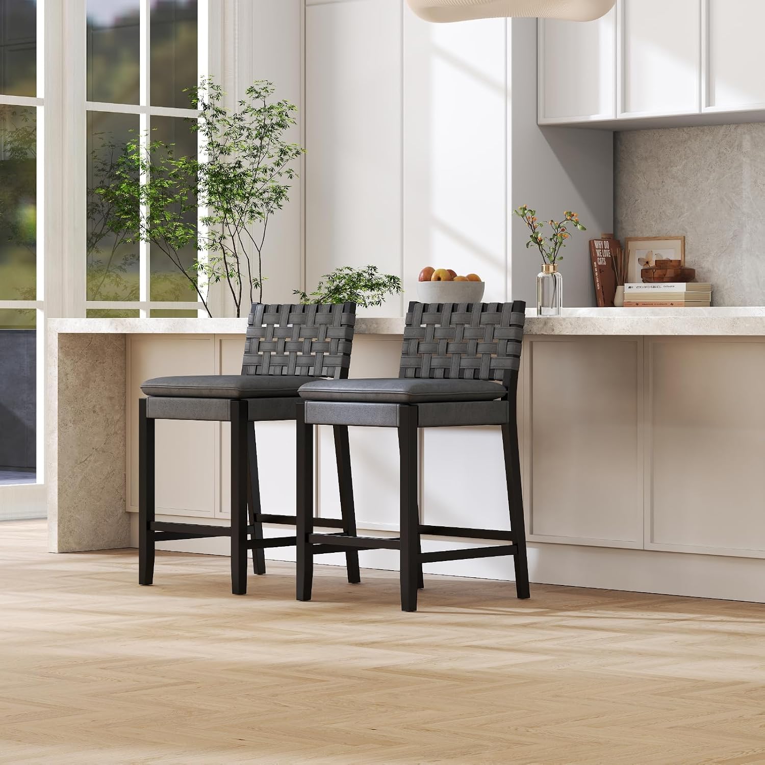 RIVOVA 26 Inch Modern Farmhouse Barstools Set of 2, Weave Wooden Counter Height Bar Stools with Woven Strips Back & Footrest, Dark Grey Leather Upholstered Bar Chairs for Kitchen Island, Pub, Indoor