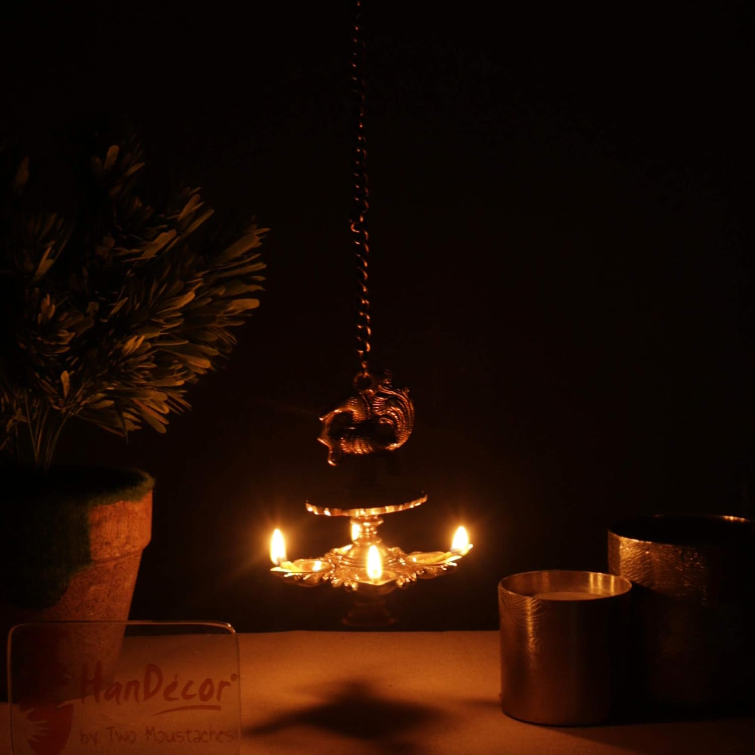 Two Moustaches Handmade Peacock Design 4 Oil Wick Brass Hanging Diya for Home Decor, Temple Decor , Diyas for Return Gifts , Diwali Lamp , Diwali Decoration, Housewarming Gifts , Standard , Pack of 1