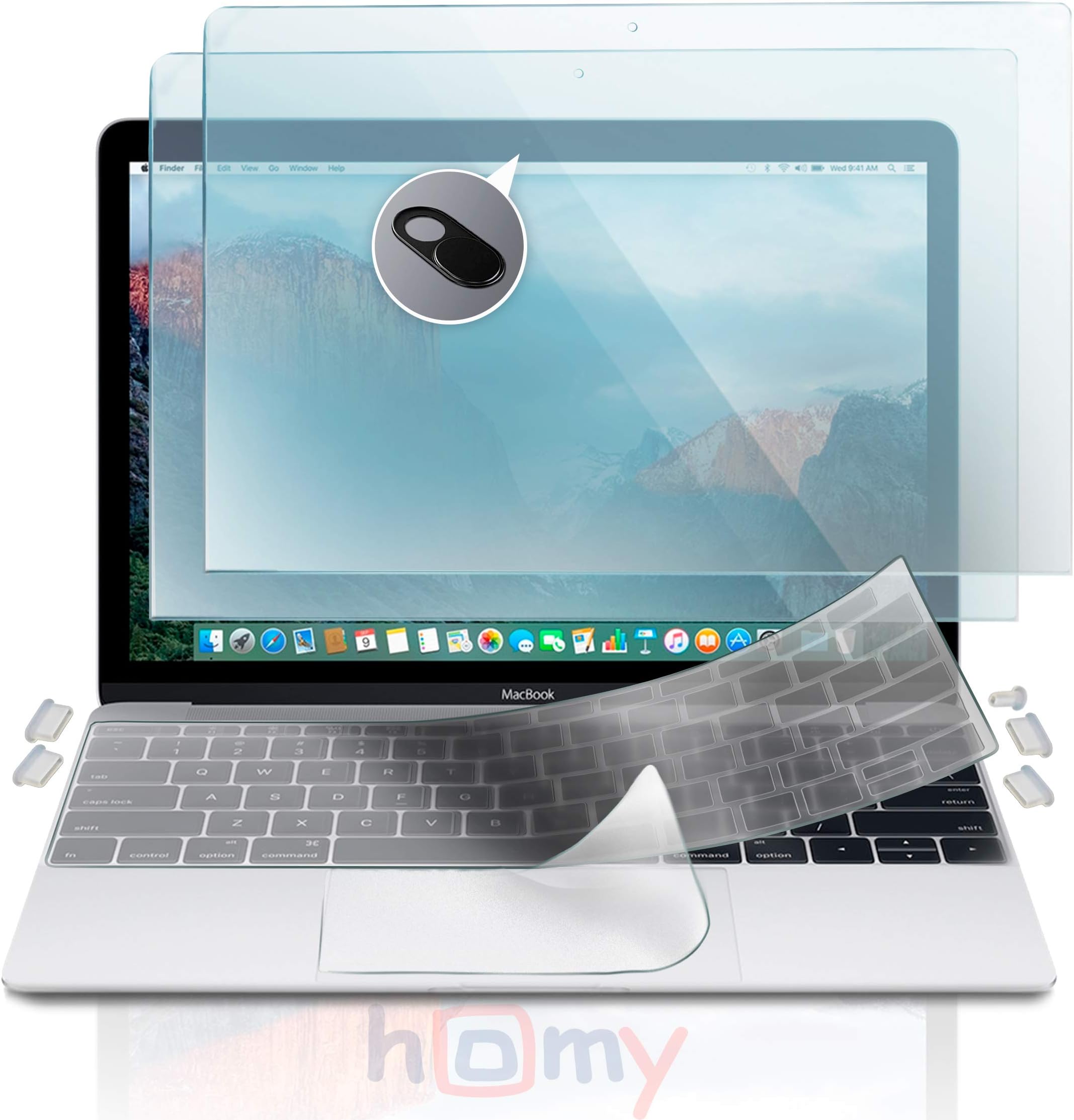Homy Full Protection Compatible MacBook 12 inch: 2X Screen Protector (1xMatte, 1xGlare), Ultra-Thin TPU Keyboard Cover, 2X Web Camera Sliding Cover, Dust Plugs, Trackpad Cover. Accessories for A1534