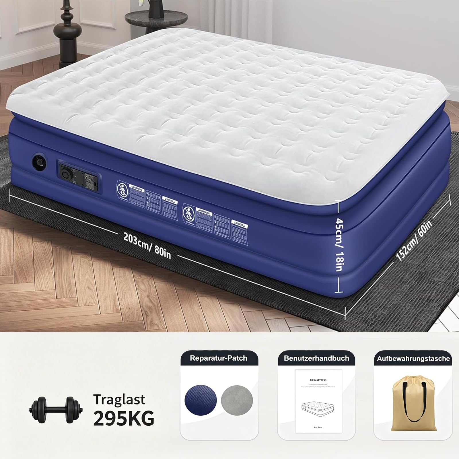 Luftmatratze 2 Personen Selbstaufblasend mit Akkupumpe | 203x152x45cm Luftmatratze Gästebett, Beflockt Wasserdicht, Doppellagige Luftsäulen, 295kg Tragfähigkeit für Camping & Zuhause