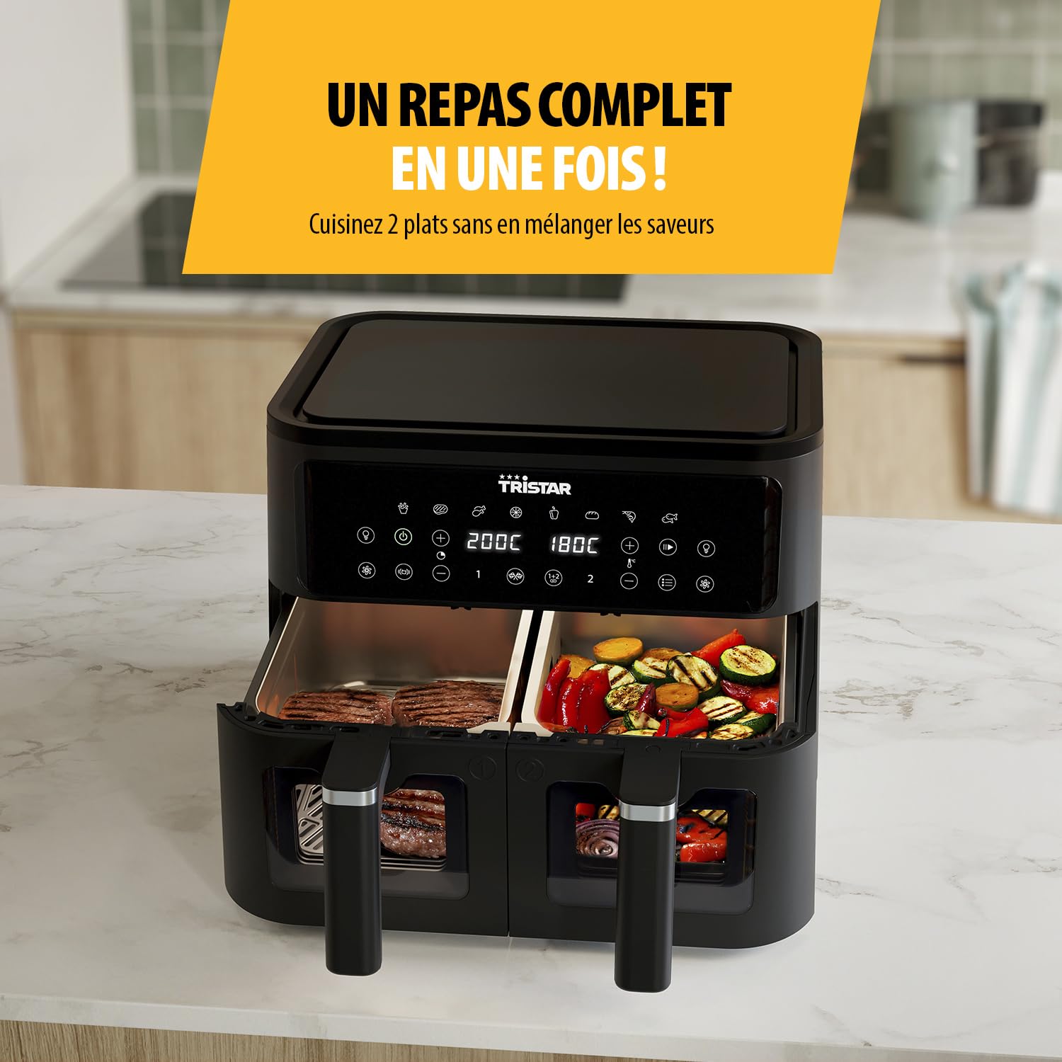 Tristar Friteuse à Air Double Panier, 9 L, 10 Programmes, Écran Tactile, Fenêtres de Cuisson, Sans PFAS, Cuisson Saine Sans Huile, 2500 W, FR-9429, Noir