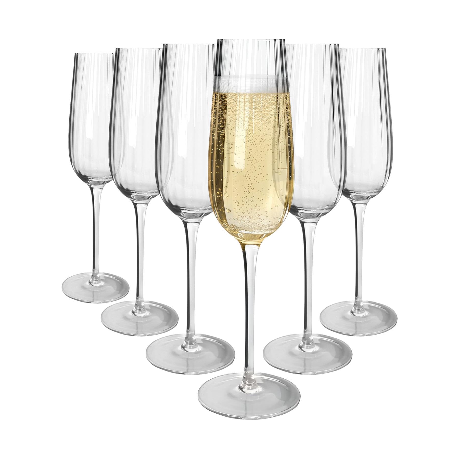 Argon Tableware Kensington Optic Crystal Champagne Flutes 240ml - Pack of 6, Lead-Free Crystal Sparkling Wine Glass Set, Art Deco Design with Optic Detail, Durable Pulled Stem, Gift Boxed