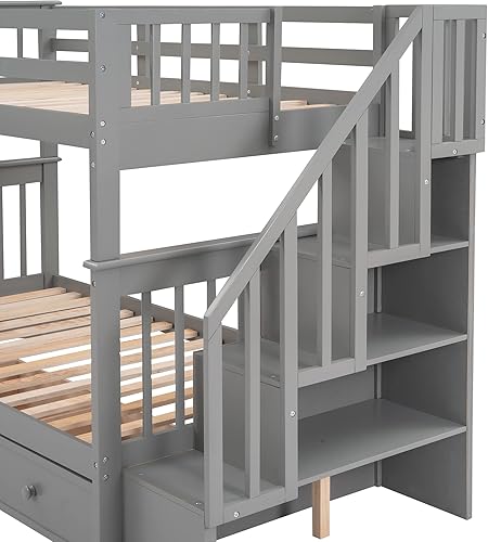 Miniatura 125 de Merax Litera de escalera individual sobre matrimonial con nido, escalera de almacenamiento y barandilla de longitud completa, litera de