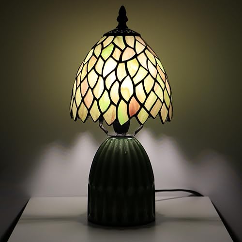 Miniatura 8 de Tiffany Lamp Stained Glass Mushroom Table Lamps 6X6X12.5 Inch Brownish Green Leafage Style Small Night Light Ceramic Base Mini Accent Desk Light