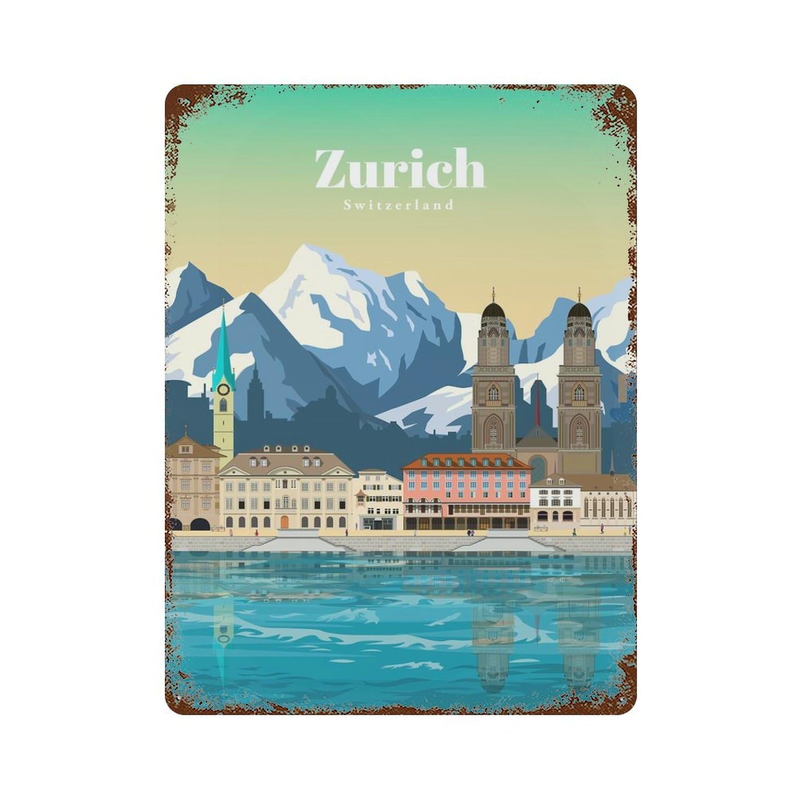 Vintage Rust Metal Sign Travel to Zurich 15.7"x11.8", Decorative Metal Wall Art for Basement, Hobby Room And Garage Decor