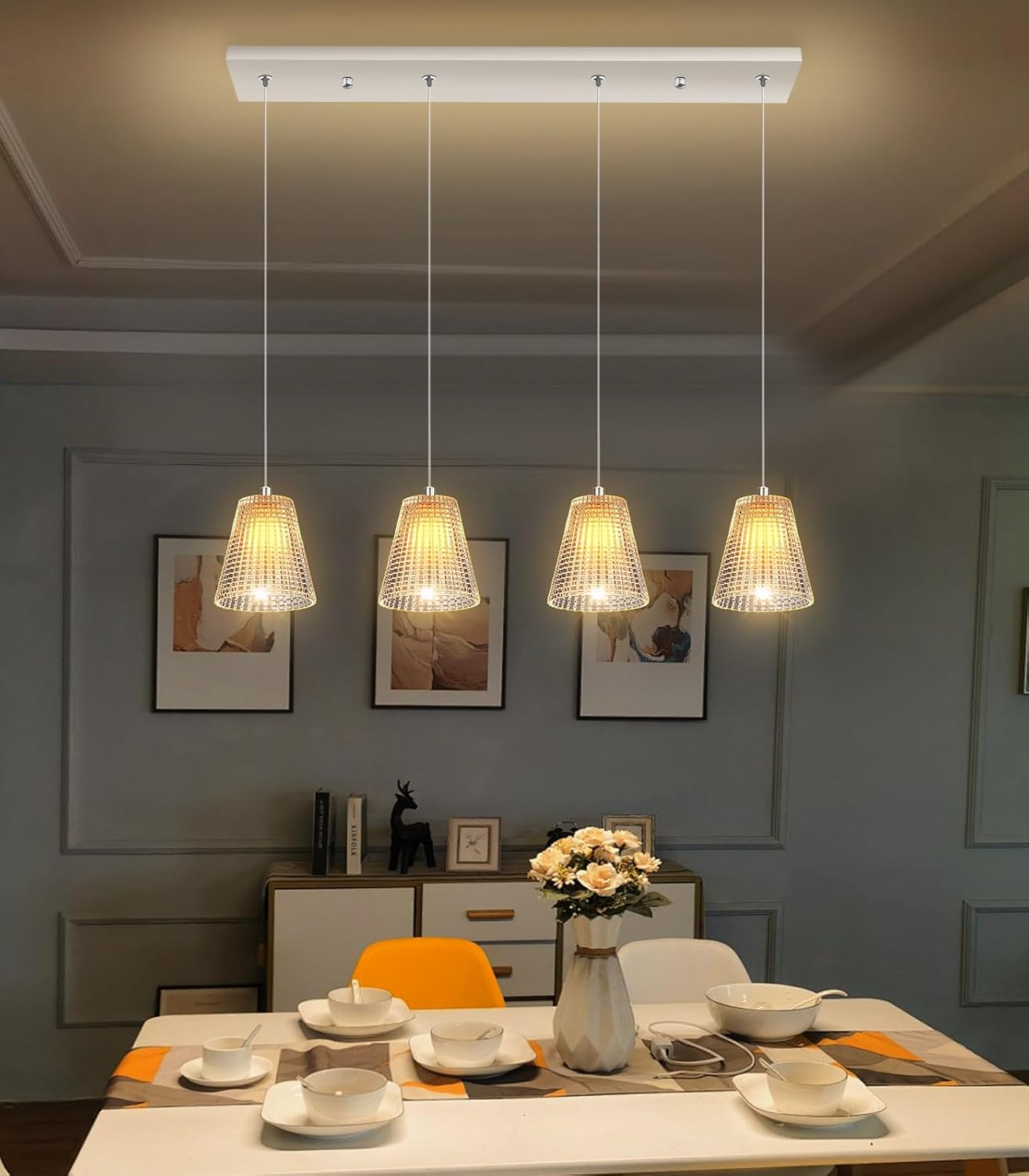 4-Light Modern LED Dimmable Chandelier Glass Rectangular Pendant Light Adjustable Height Pendant Lights Fixtures for Kitchen Island Living Room Foyer Silver