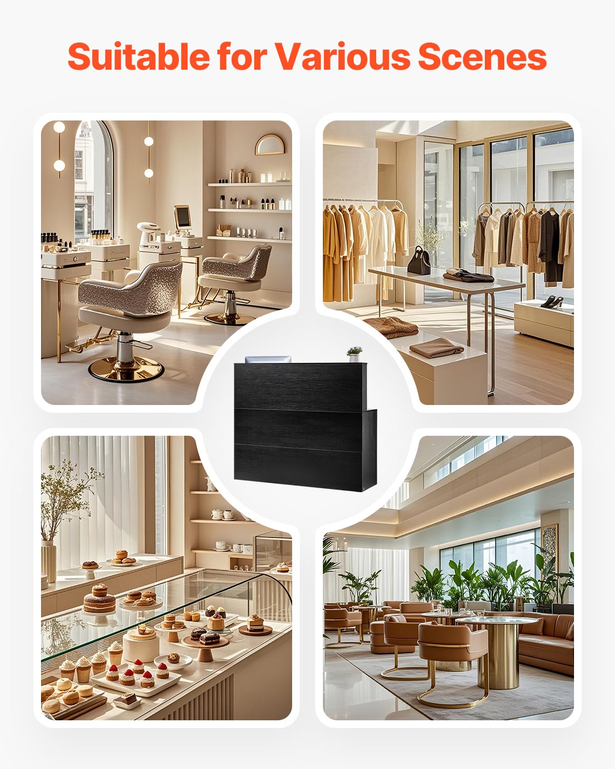 VEVOR Banco Reception 1600 x 600 x 1110 mm Tavolo da Banco Rettangolare, Tavolo di Vendita per Ufficio con Luce a LED, per Registratori di Cassa, Hall, Saloni di Bellezza e Uffici, Nero e Marrone